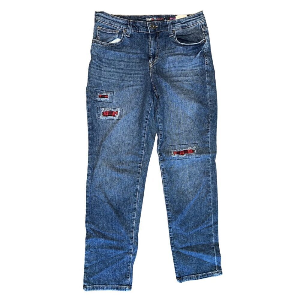 Blue Straight Leg Jeans Mid Rise Red Plaid Patches Women's Size 6 Style & Co